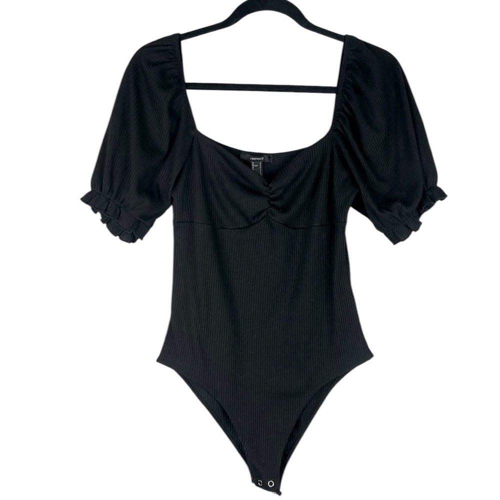 Forever 21 Black Puff Short Sleeve Sweetheart Neck Ribbed Bodysuit Size Large